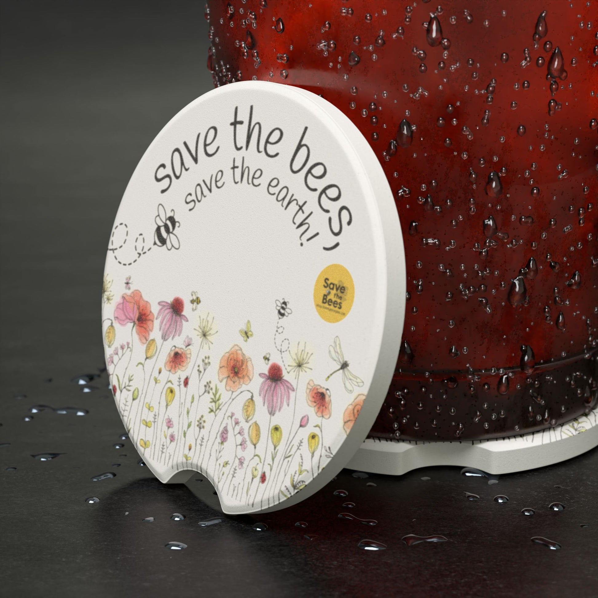 Eco-Friendly Soapstone Car Coaster - Save the Bees Design