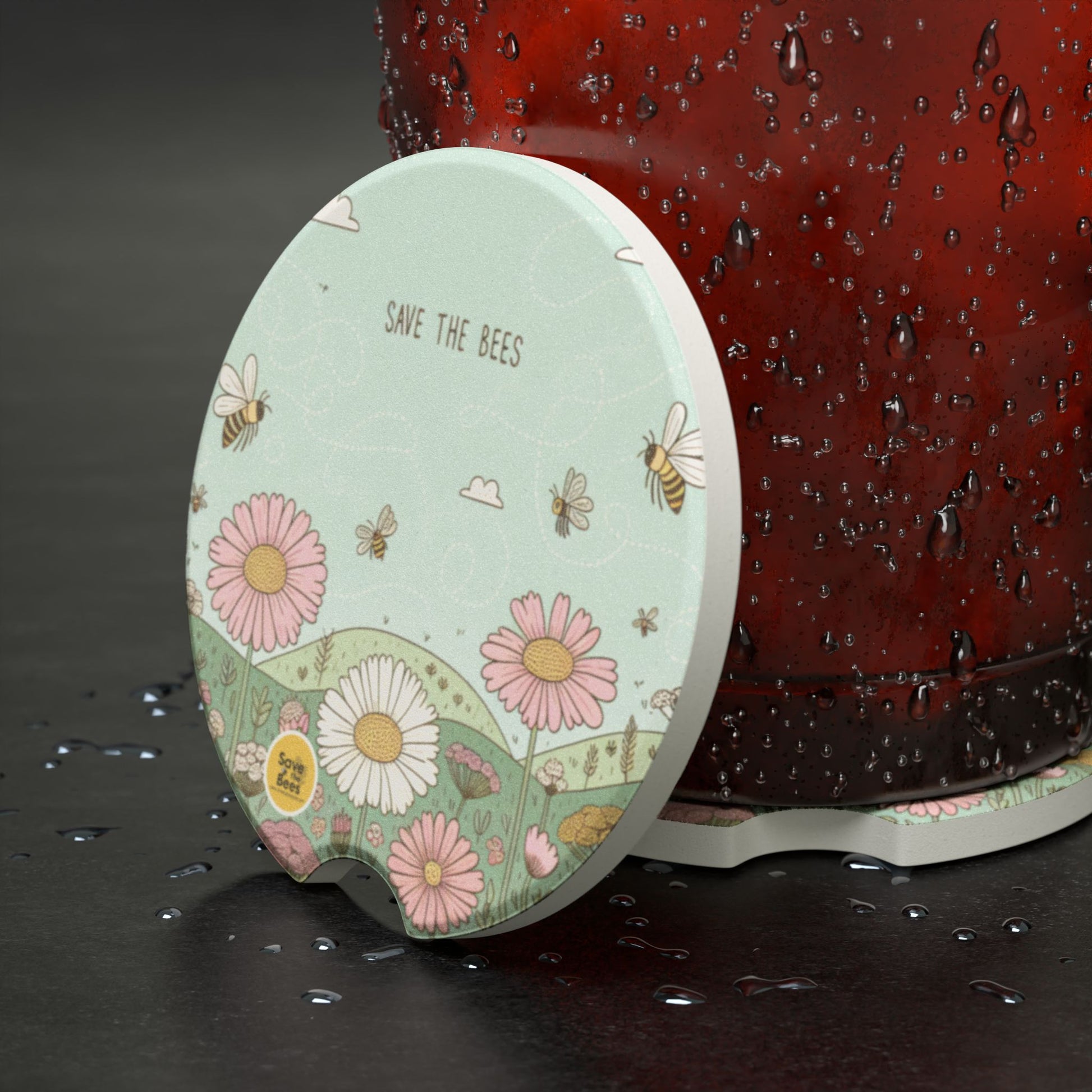 Eco-Friendly Soapstone Car Coaster - Save the Bees Design 2