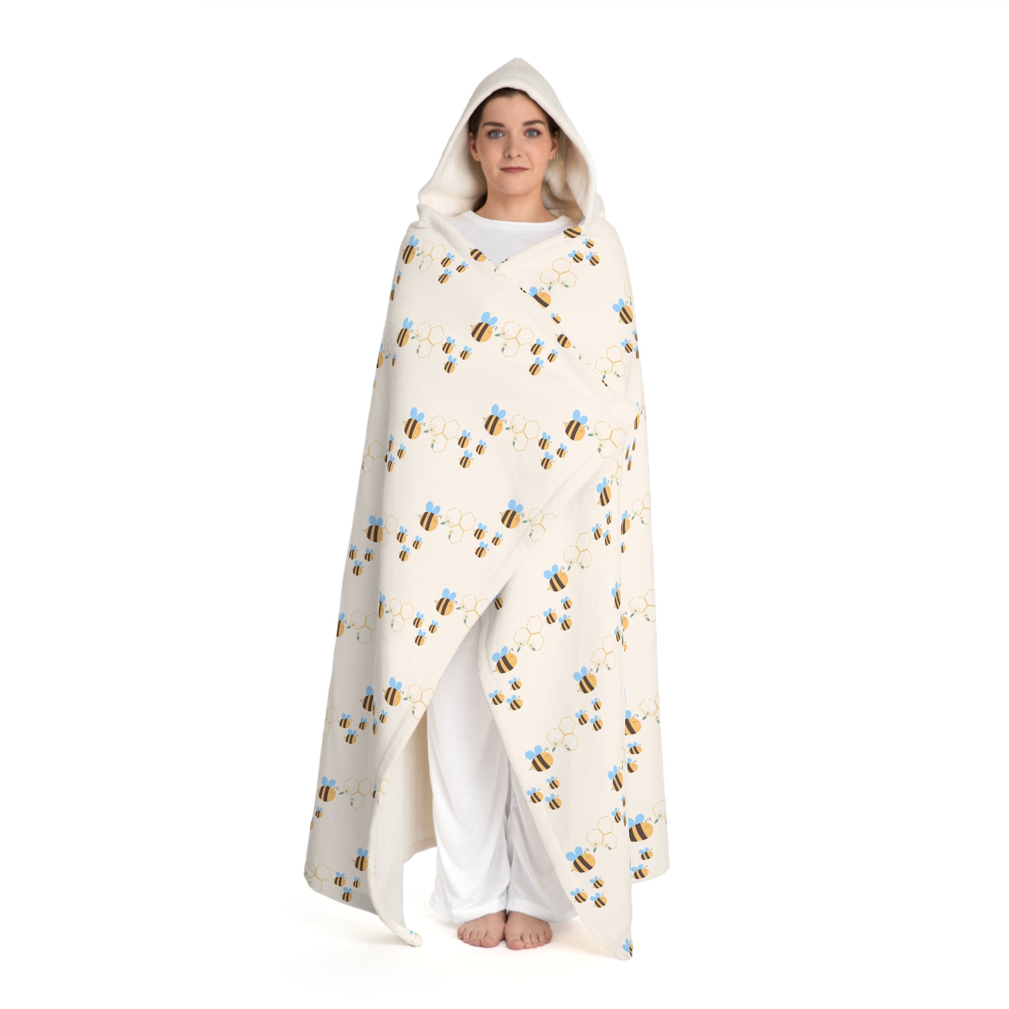Cozy Bee Hooded Sherpa Fleece Blanket-White