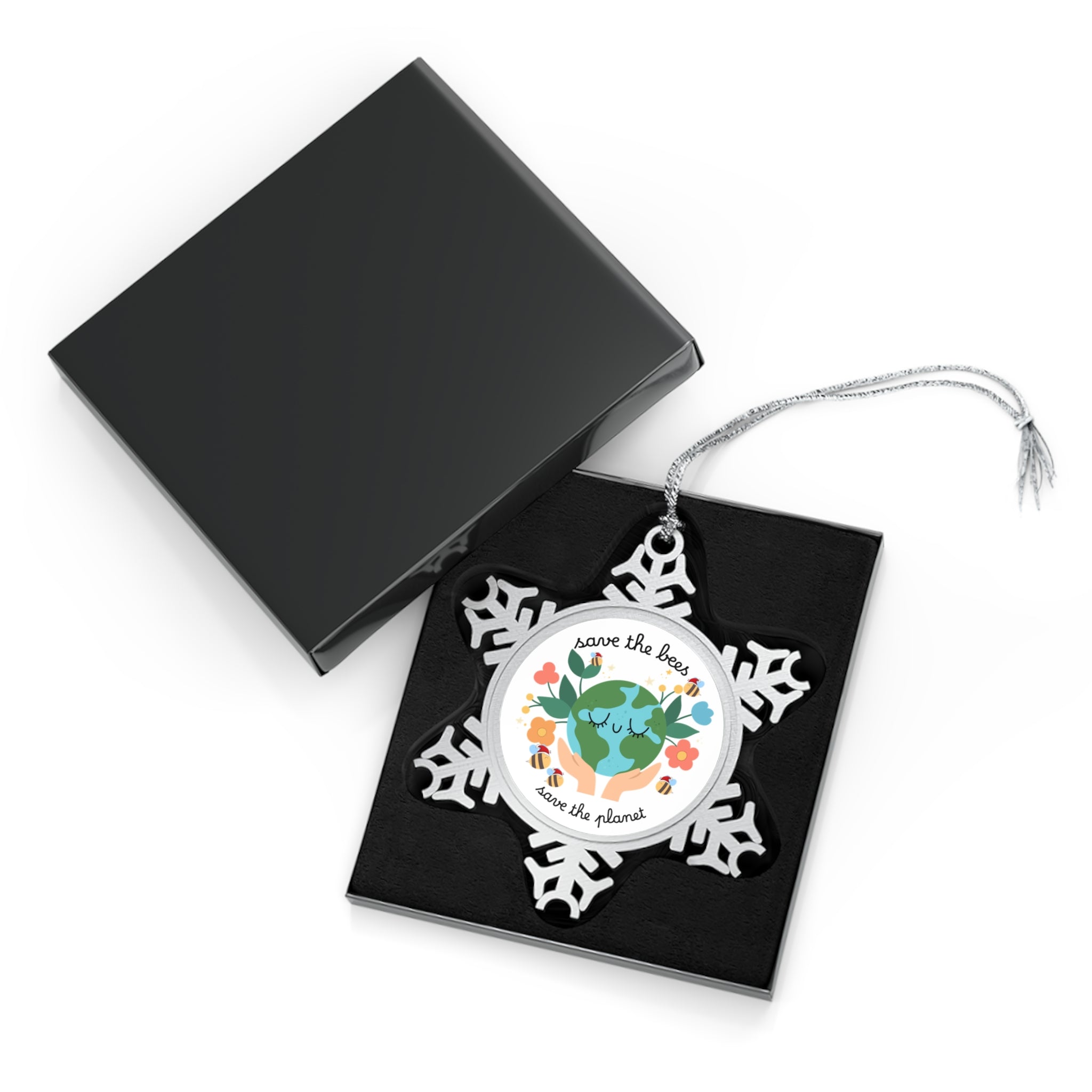 Pewter Snowflake Ornament — “Save the Bees, Save the Planet” Eco Holiday Decoration