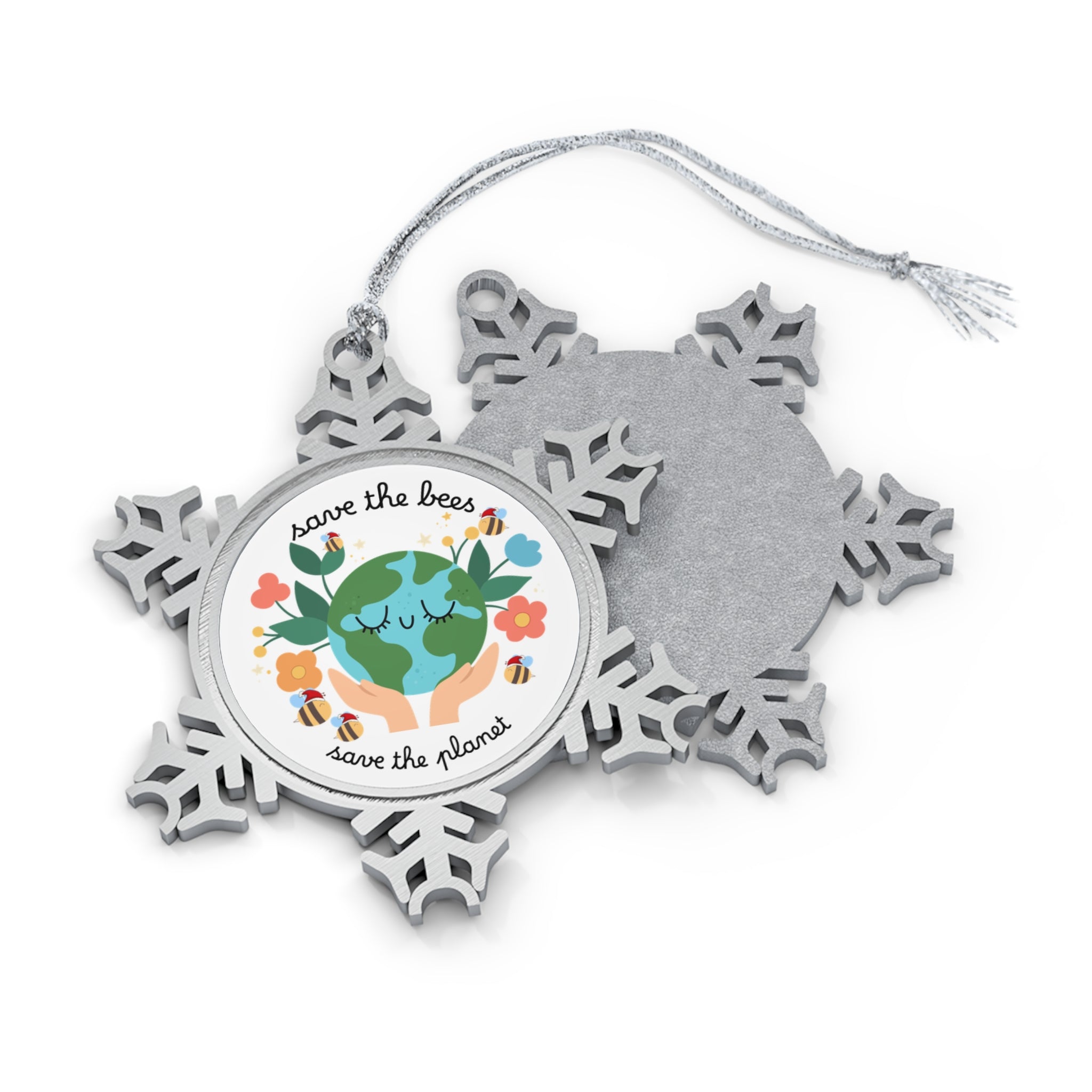Pewter Snowflake Ornament — “Save the Bees, Save the Planet” Eco Holiday Decoration